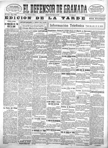 'El Defensor de Granada  : diario político independiente' - Año XLIX Número 24885 Ed. Tarde - 1927 Marzo 19