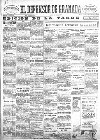 'El Defensor de Granada  : diario político independiente' - Año XLIX Número 24909 Ed. Tarde - 1927 Abril 02