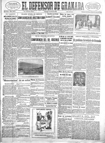 'El Defensor de Granada  : diario político independiente' - Año XLIX Número 24910 Ed. Mañana - 1927 Abril 03