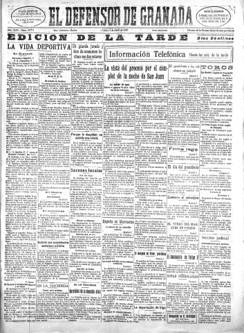 'El Defensor de Granada  : diario político independiente' - Año XLIX Número 24911 Ed. Tarde - 1927 Abril 04