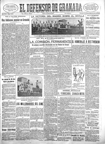 'El Defensor de Granada  : diario político independiente' - Año XLIX Número 24916 Ed. Mañana - 1927 Abril 07