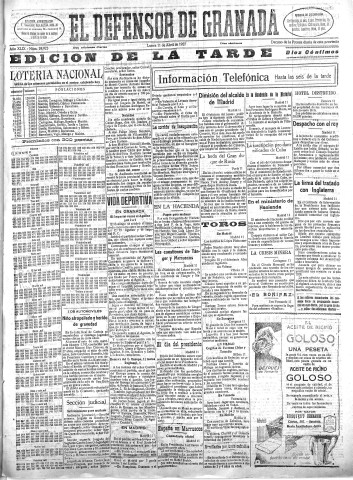 'El Defensor de Granada  : diario político independiente' - Año XLIX Número 24923 Ed. Tarde - 1927 Abril 11