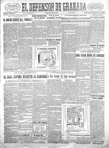 'El Defensor de Granada  : diario político independiente' - Año XLIX Número 24924 Ed. Mañana - 1927 Abril 12
