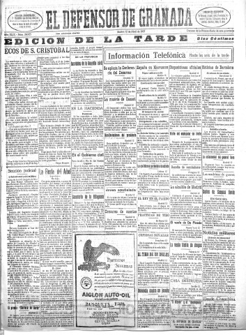 'El Defensor de Granada  : diario político independiente' - Año XLIX Número 24925 Ed. Tarde - 1927 Abril 12