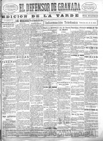 'El Defensor de Granada  : diario político independiente' - Año XLIX Número 24935 Ed. Tarde - 1927 Abril 19