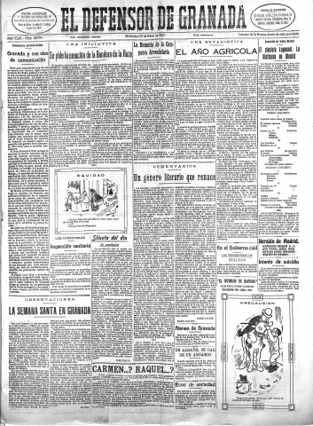 'El Defensor de Granada  : diario político independiente' - Año XLIX Número 24936 Ed. Mañana - 1927 Abril 20