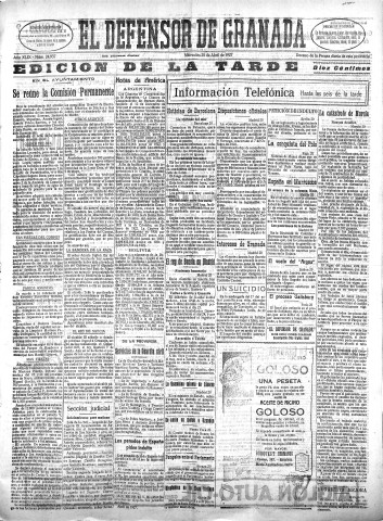 'El Defensor de Granada  : diario político independiente' - Año XLIX Número 24937 Ed. Tarde - 1927 Abril 20