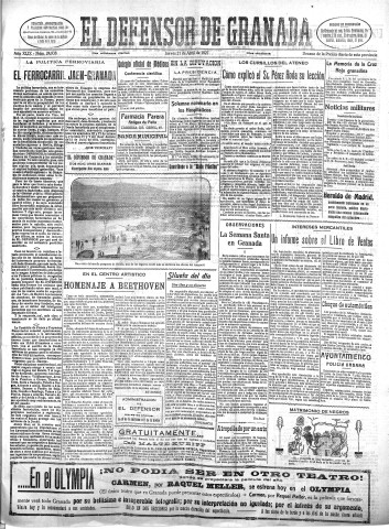 'El Defensor de Granada  : diario político independiente' - Año XLIX Número 24938 Ed. Mañana - 1927 Abril 21
