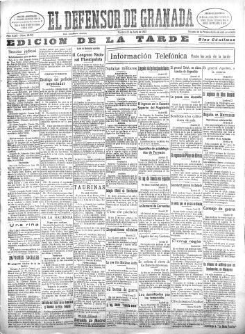 'El Defensor de Granada  : diario político independiente' - Año XLIX Número 24941 Ed. Tarde - 1927 Abril 22