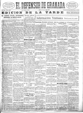 'El Defensor de Granada  : diario político independiente' - Año XLIX Número 24947 Ed. Tarde - 1927 Abril 26