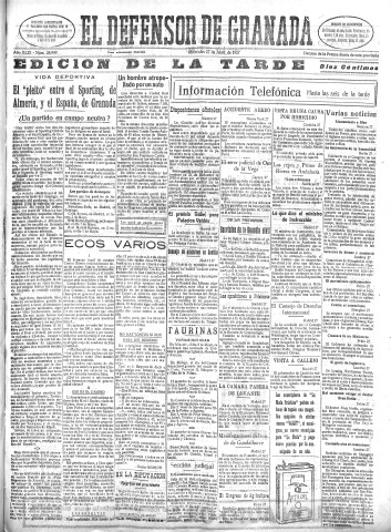 'El Defensor de Granada  : diario político independiente' - Año XLIX Número 24949 Ed. Tarde - 1927 Abril 27