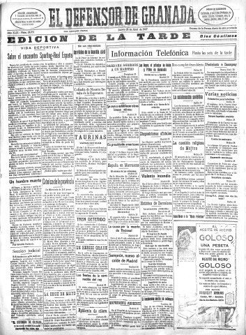 'El Defensor de Granada  : diario político independiente' - Año XLIX Número 24951 Ed. Tarde - 1927 Abril 28