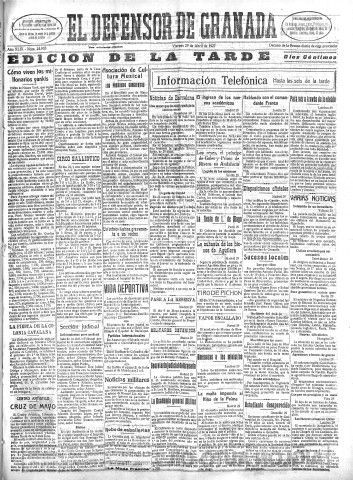 'El Defensor de Granada  : diario político independiente' - Año XLIX Número 24953 Ed. Tarde - 1927 Abril 29