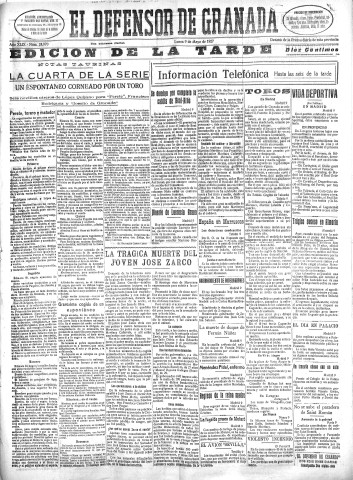 'El Defensor de Granada  : diario político independiente' - Año XLIX Número 24970 Ed. Tarde - 1927 Mayo 09