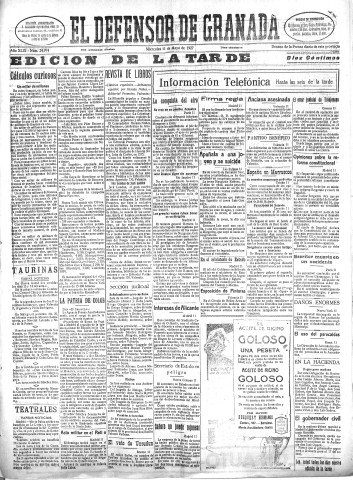 'El Defensor de Granada  : diario político independiente' - Año XLIX Número 24974 Ed. Tarde - 1927 Mayo 11