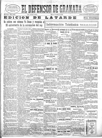 'El Defensor de Granada  : diario político independiente' - Año XLIX Número 24984 Ed. Tarde - 1927 Mayo 17