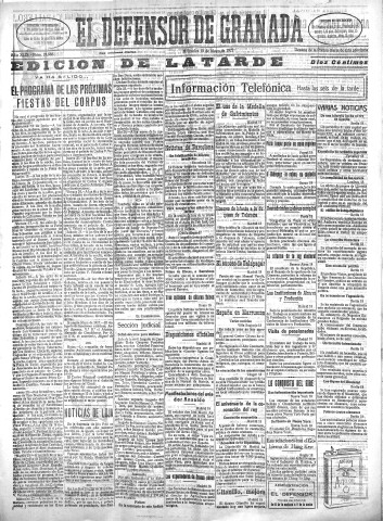 'El Defensor de Granada  : diario político independiente' - Año XLIX Número 24986 Ed. Tarde - 1927 Mayo 18