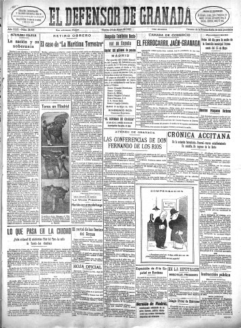 'El Defensor de Granada  : diario político independiente' - Año XLIX Número 24995 Ed. Mañana - 1927 Mayo 24