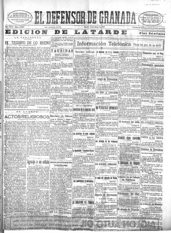 'El Defensor de Granada  : diario político independiente' - Año XLIX Número 24996 Ed. Tarde - 1927 Mayo 24
