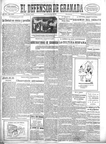 'El Defensor de Granada  : diario político independiente' - Año XLIX Número 24999 Ed. Mañana - 1927 Mayo 26