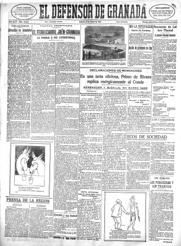 'El Defensor de Granada  : diario político independiente' - Año XLIX Número 25003 Ed. Mañana - 1927 Mayo 28