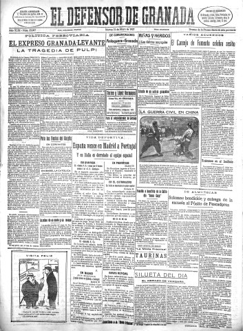 'El Defensor de Granada  : diario político independiente' - Año XLIX Número 25007 Ed. Mañana - 1927 Mayo 31