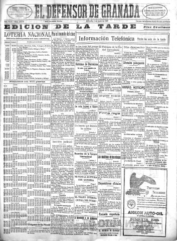 'El Defensor de Granada  : diario político independiente' - Año XLIX Número 25030 Ed. Tarde - 1927 Junio 01
