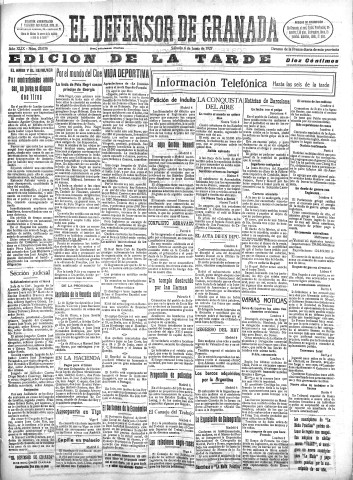 'El Defensor de Granada  : diario político independiente' - Año XLIX Número 25036 Ed. Tarde - 1927 Junio 04