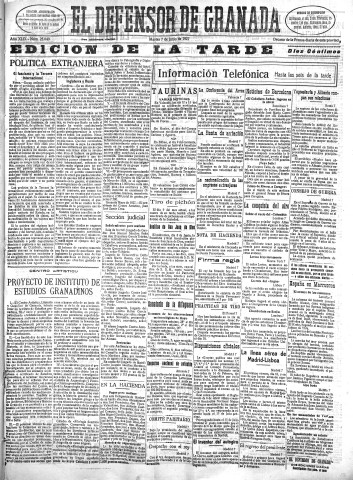 'El Defensor de Granada  : diario político independiente' - Año XLIX Número 25040 Ed. Tarde - 1927 Junio 07