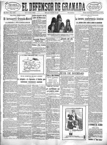 'El Defensor de Granada  : diario político independiente' - Año XLIX Número 25041 Ed. Mañana - 1927 Junio 08