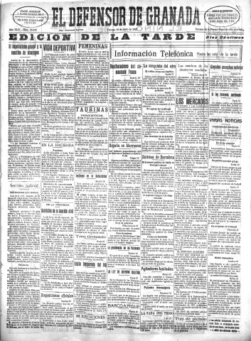'El Defensor de Granada  : diario político independiente' - Año XLIX Número 25046 Ed. Tarde - 1927 Junio 10