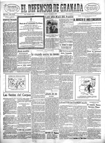 'El Defensor de Granada  : diario político independiente' - Año XLIX Número 25047 Ed. Mañana - 1927 Junio 11