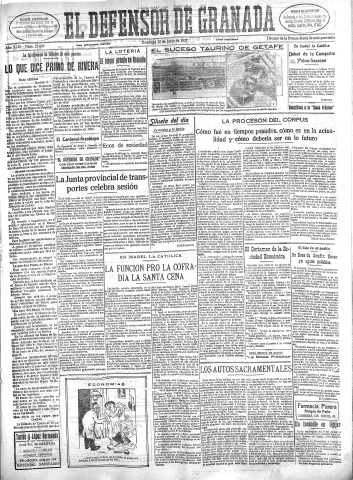 'El Defensor de Granada  : diario político independiente' - Año XLIX Número 25049 Ed. Mañana - 1927 Junio 12