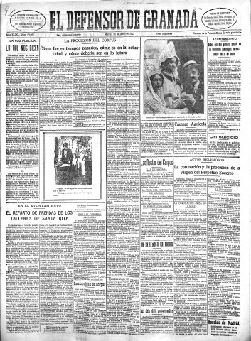'El Defensor de Granada  : diario político independiente' - Año XLIX Número 25051 Ed. Mañana - 1927 Junio 14