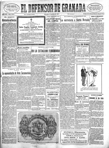 'El Defensor de Granada  : diario político independiente' - Año XLIX Número 25053 Ed. Mañana - 1927 Junio 15