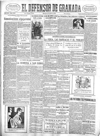 'El Defensor de Granada  : diario político independiente' - Año XLIX Número 25063 Ed. Mañana - 1927 Junio 22