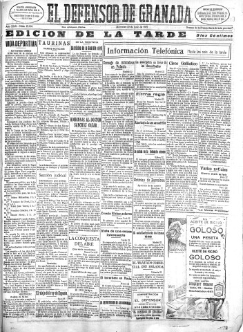 'El Defensor de Granada  : diario político independiente' - Año XLIX Número 25064 Ed. Tarde - 1927 Junio 22