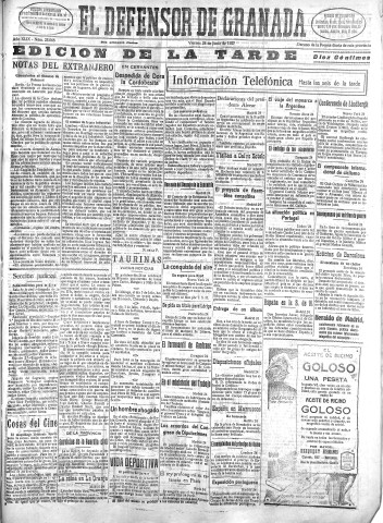 'El Defensor de Granada  : diario político independiente' - Año XLIX Número 25068 Ed. Tarde - 1927 Junio 24