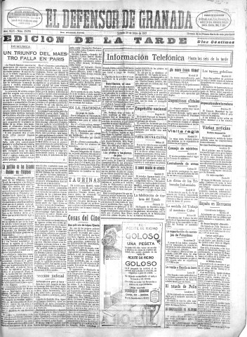 'El Defensor de Granada  : diario político independiente' - Año XLIX Número 25070 Ed. Tarde - 1927 Junio 25