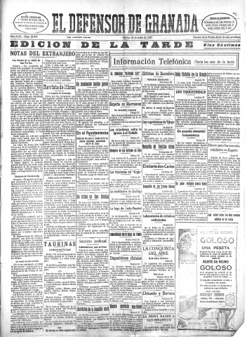 'El Defensor de Granada  : diario político independiente' - Año XLIX Número 25074 Ed. Tarde - 1927 Junio 28