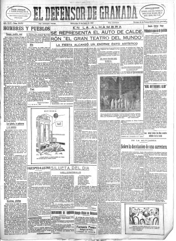 'El Defensor de Granada  : diario político independiente' - Año XLIX Número 25075 Ed. Mañana - 1927 Junio 29