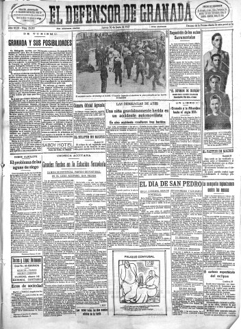 'El Defensor de Granada  : diario político independiente' - Año XLIX Número 25077 Ed. Mañana - 1927 Junio 30