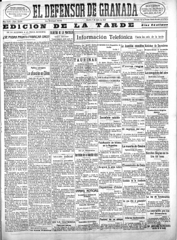 'El Defensor de Granada  : diario político independiente' - Año XLIX Número 25086 Ed. Tarde - 1927 Julio 05