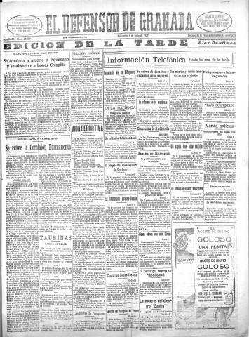 'El Defensor de Granada  : diario político independiente' - Año XLIX Número 25088 Ed. Tarde - 1927 Julio 06