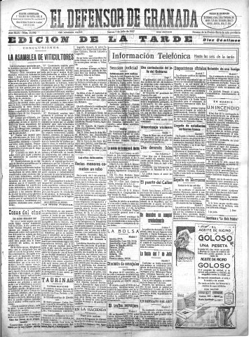 'El Defensor de Granada  : diario político independiente' - Año XLIX Número 25090 Ed. Tarde - 1927 Julio 07