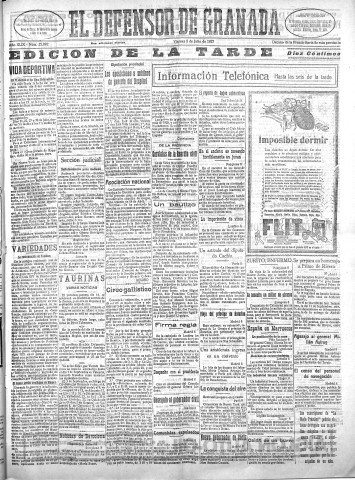 'El Defensor de Granada  : diario político independiente' - Año XLIX Número 25092 Ed. Tarde - 1927 Julio 08