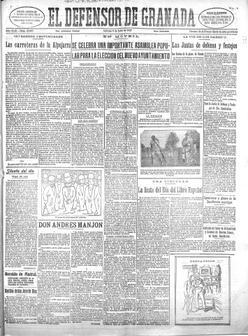 'El Defensor de Granada  : diario político independiente' - Año XLIX Número 25093 Ed. Mañana - 1927 Julio 09
