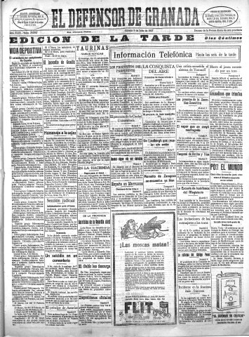 'El Defensor de Granada  : diario político independiente' - Año XLIX Número 25094 Ed. Tarde - 1927 Julio 09
