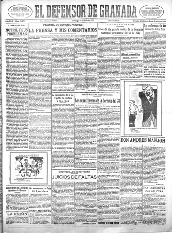 'El Defensor de Granada  : diario político independiente' - Año XLIX Número 25095 Ed. Mañana - 1927 Julio 10