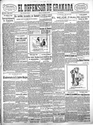 'El Defensor de Granada  : diario político independiente' - Año XLIX Número 25097 Ed. Mañana - 1927 Julio 12